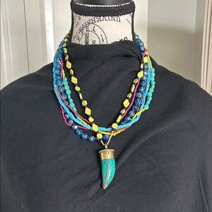 Multistrand Turquoise & Yellow Beaded With Bold Green Pendant Necklace